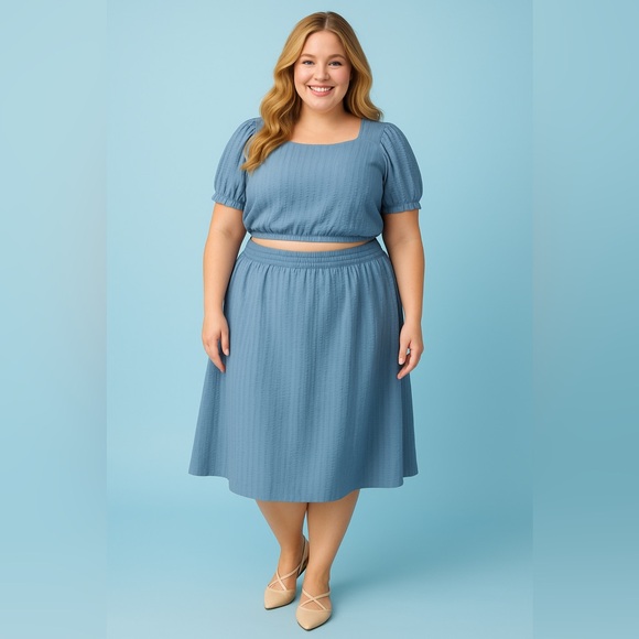Torrid Mountain Spring Blue Midi Seersucker Smocked Crop Top & Skirt Set, NEW! - Picture 4 of 12